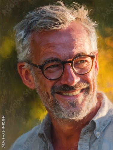 A portrait of a man with gray hair and glasses smiling warmly outdoors, bathed in gentle sunlight that casts a golden glow on the background foliage.
