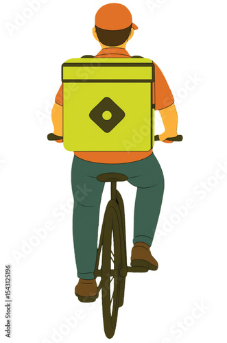 Delivery Rider on Bicycle: A delivery rider, viewed from behind, cycles swiftly with a large insulated food bag, capturing the essence of modern delivery services.Cartoon vector illustration of a busi
