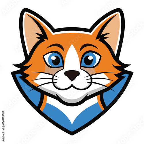 Orange cartoon fox head with blue eyes gazes forward attentively on a white backdrop