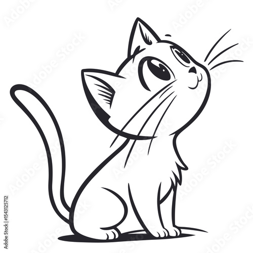 Cartoon monochrome kitty sits attentively gazing upward with curious expression on a white backdrop
