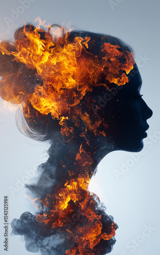 woman silhouette with blazing fire and smoke, double exposure — ideal for conceptual art, mental health themes, book covers, or creative advertising design