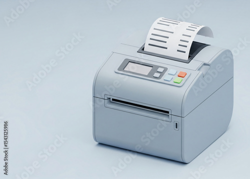 White thermal printer with paper roll. Receipt printing device. Transaction documentation equipment. Point of sale technology.