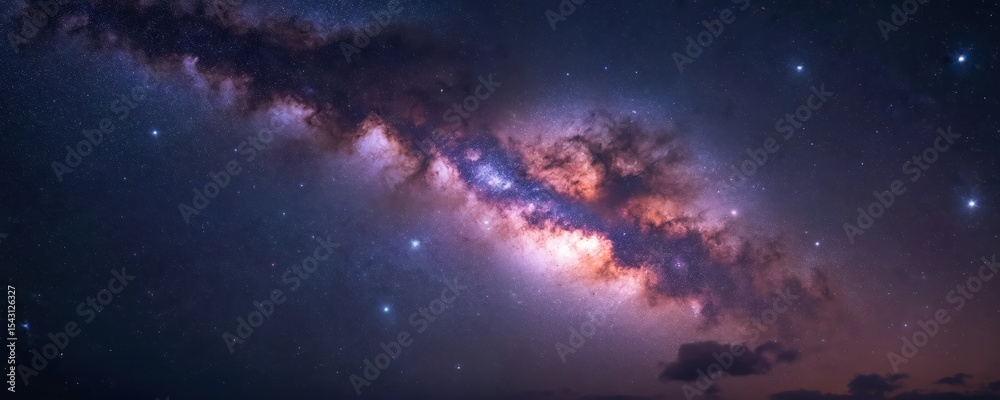 Fototapeta premium Panoramic view of milky way galaxy with stars on night sky background. Cosmic landscape universe space shot. Endless spiral galaxy. Abstract starlight glow, stellar nebula.