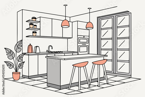 Modern minimalist kitchen interior with island, bar stools and lighting
