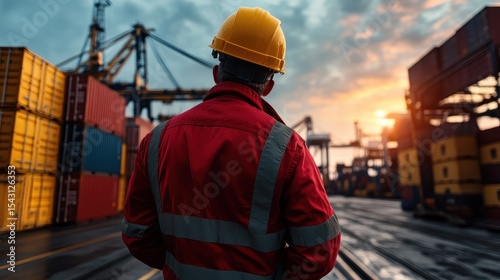 A marine worker wearing a hard hat stands with back turned to a bustling port, silhouetted against a stunning sunset, symbolizing hard work and the shipping industry.