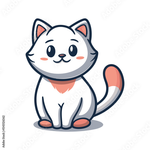 Charming cartoon white cat with soft pink accents sits cutely, radiating joyful innocence