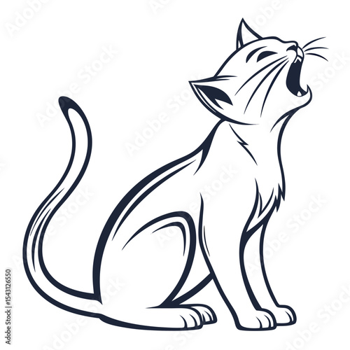 Outlined domestic cat sits, arches back, and opens mouth wide to meow or yawn