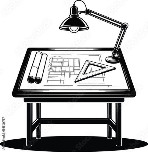 Architectural drafting table with blueprint and lamp