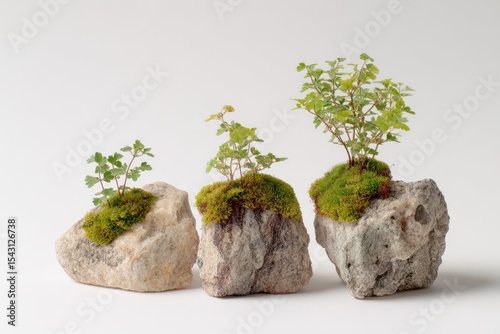 Miniature landscape with moss and small plants on rocks