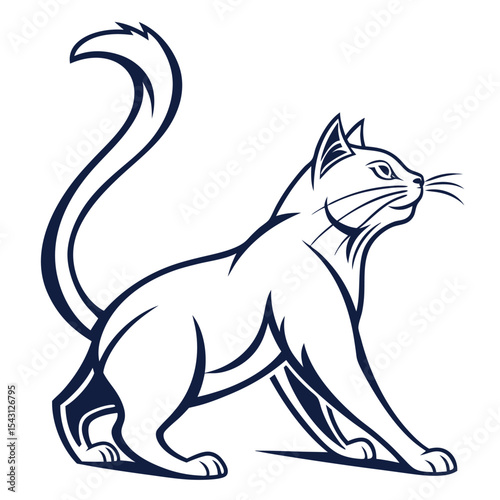 Navy stylized cat stretches forward, its tail pointing upwards, against a white background