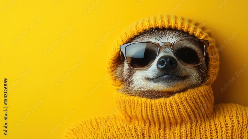 Fototapeta premium A fashionable sloth wears stylish sunglasses and a cozy knitted sweater against a vibrant yellow backdrop, exuding a playful and trendy charm that captures attention effortlessly.