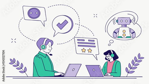 Business man and woman using laptop for social network concept in cartoon illustration
