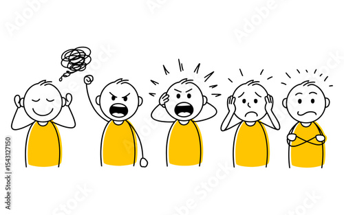 “Minimalist Line Art of Five Emotional Stick Figures in Yellow Shirts Showing Stress and Distress Progression”