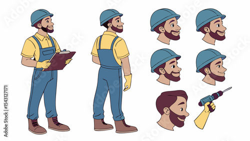 Cartoon collection of smiling construction worker characters with tools, including men, women, and children builders in hard hats