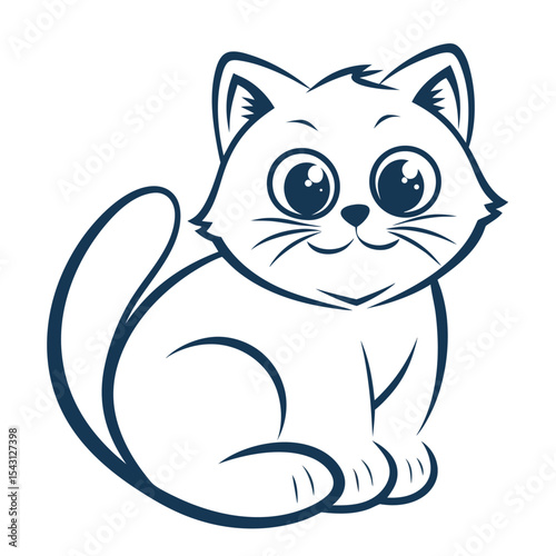 Cartoon feline with big eyes sits cheerfully, rendered in stylized navy line work