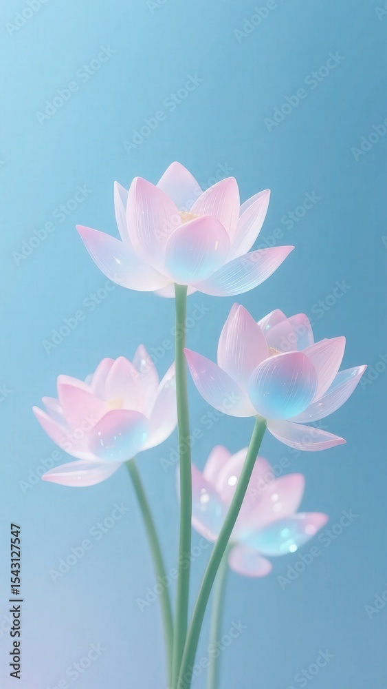 Fototapeta premium Delicate pink lotus flowers with a soft blue - pink gradient against a light blue background