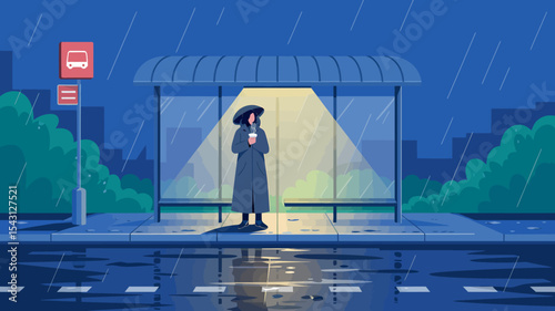 “Atmospheric Urban Rain Illustration – Night Scene with Lone Figure, Bus Stop, and Reflective Wet Pavement”