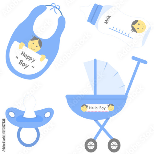 Cute blue Pastel Baby boy Essentials include Stroller, Bib, Pacifier, and Baby Bottle