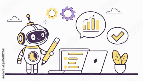 Funny cartoon Android and robot vector icon set with laptop, books, and medical symbols for education, business, and web design illustrations