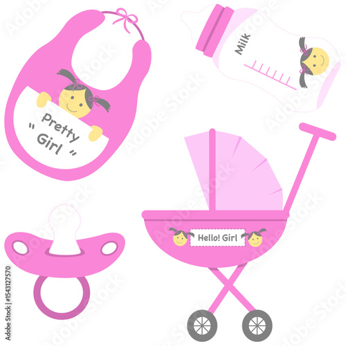 Cute pink Pastel Baby girl Essentials include Stroller, Bib, Pacifier, and Baby Bottle