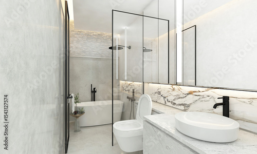 modern bathroom interior with shower and bathtub and marble wall background. 3d render.