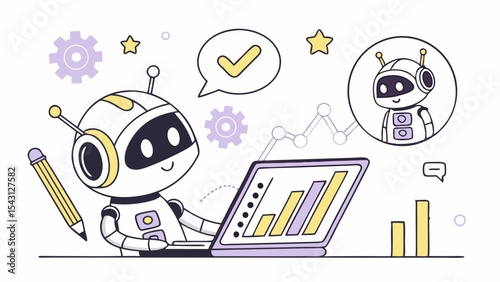 Colorful vector cartoon illustrations depict a funny rocket and robot, ideal for school transport or business travel design symbols