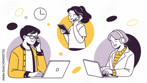 Cartoon illustration of business people working on laptops at their office desks