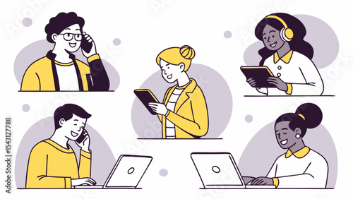 Cartoon vector illustration of business people working together in an office with a woman using a laptop at her desk