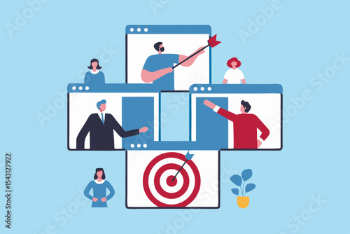 Virtual Team Meeting with Target Goal and Online Collaboration Business Strategy and Communication in Digital World Vector Illustration