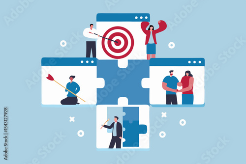 Business Teamwork and Collaboration to Achieve Goals Strategy Partnership and Success with Puzzle Pieces and People Illustration