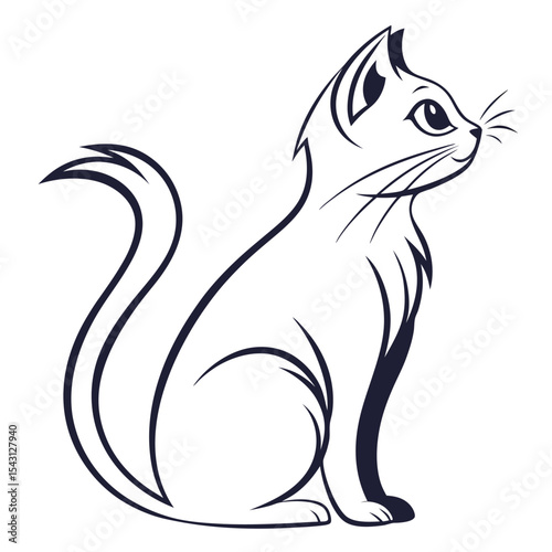Elegant simple cat outline portrait looking thoughtfully right, rendered in a clean line art
