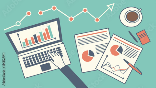 Vector illustration of a business graph on the office desk with a pen and financial report, ideal for market data and success planning concepts