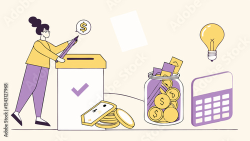Cartoon vector illustration of a woman working on her laptop at a desk in an office room, perfect for back-to-school and business-themed stock photo sets