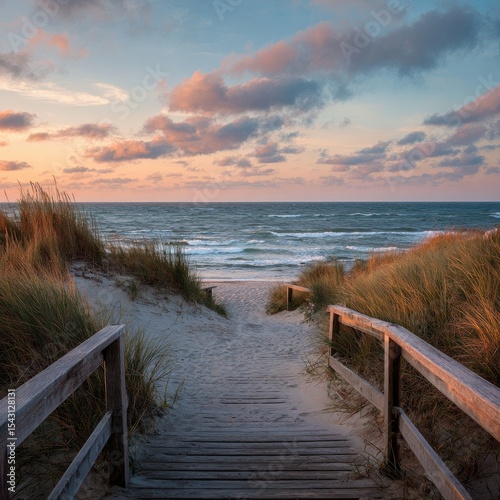 Coastal path leading to a beach at sunset