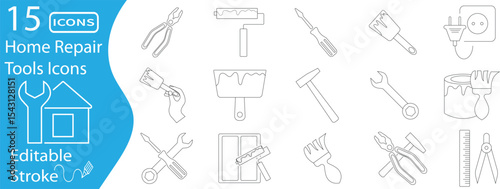 Editable Stroke Line Icon Set of 15 Home Repair Tools - Wrench, Brush, Hammer, Screwdriver, Pliers, Socket, and Paint Items for Maintenance and DIY Design Projects
