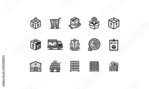 Collection of black and white delivery and logistics icons for business and commerce