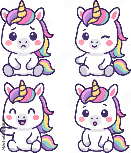 cute unicorn cartoon mascot vector set magical pony character with rainbow hair different emotions happy sad winking surprised for kids product design