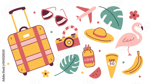 Seamless summer beach vacation vector illustration with cartoon sea animal icons, food, drinks, and sun protection symbols