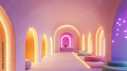 A serene, colorful hallway with glowing arches and soft seating, creating a tranquil atmosphere