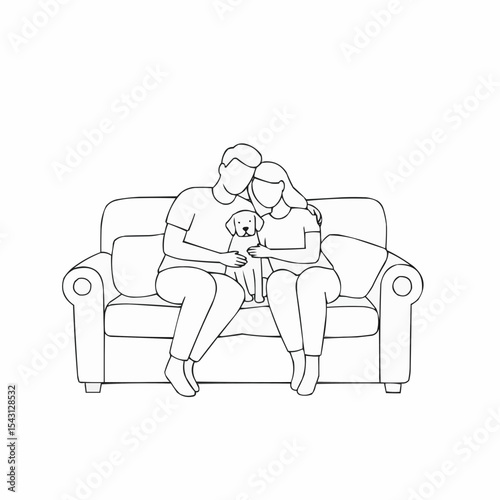 Couple sitting on couch with dog in their arms at home  