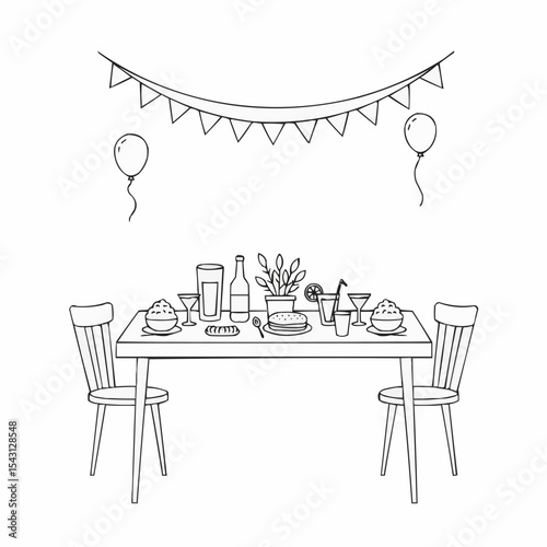 Festive dining table setup with food and drinks for celebration  