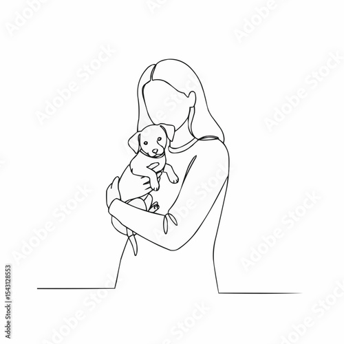 Woman holding a puppy in an outline illustration  