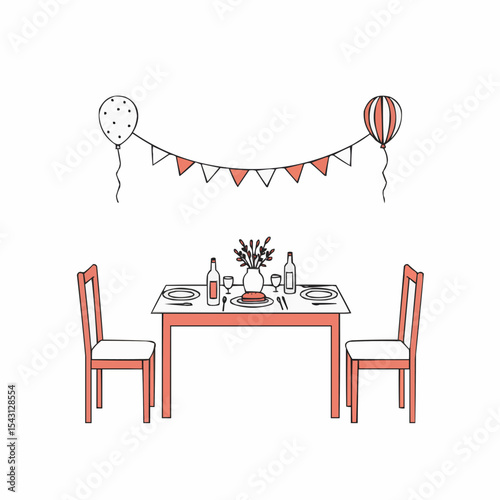 Festively decorated dining table with balloons and bunting for celebration  