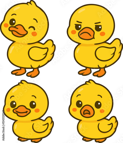 cute yellow duckling faces with various emotions cartoon bird character vector set for kids and digital content