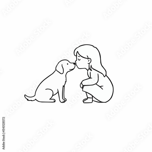 Girl kissing her pet dog while squatting on white background  