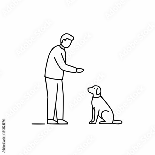 Man training a dog to sit in minimalist line art style  