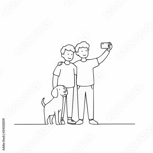 Two boys taking selfie with dog in simple line art style  