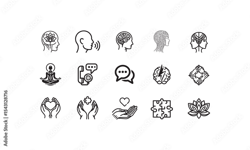 Fototapeta premium Minimalist line art icons illustrating concepts of mindfulness communication and healthcare