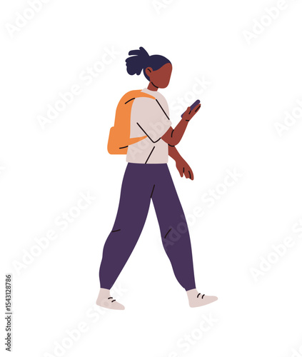 Student holds smartphone and goes to the school with backpack. Black kid carries phone in hands. African American little girl with telephone. Flat isolated vector illustration on white background