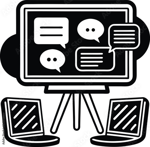 Digital Classroom Icon with Board and Chat Bubbles vector Silhouette illustration